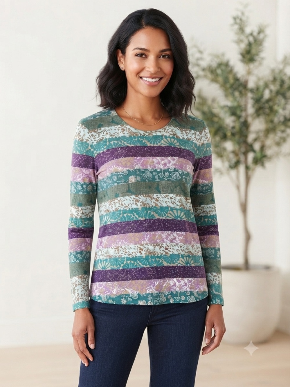 Christopher & Banks Green Purple Floral Patchwork Long Sleeve Top Size S